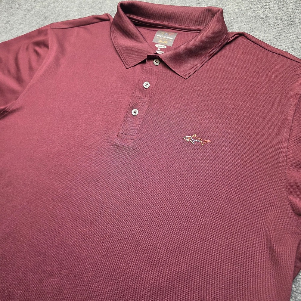 Greg Norman Tasso Elba Mens XL Red Burgundy Play Dry Golf Polo Shirt Shark Logo
